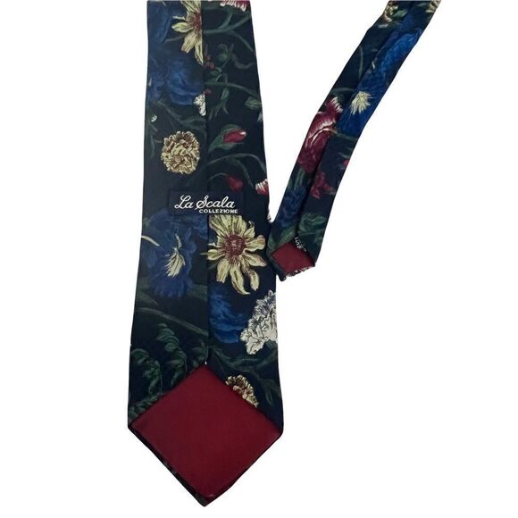 Vintage La Scala Floral Silk Tie Made in USA Navy, Green, Blue, Burgundy - Picture 3 of 3